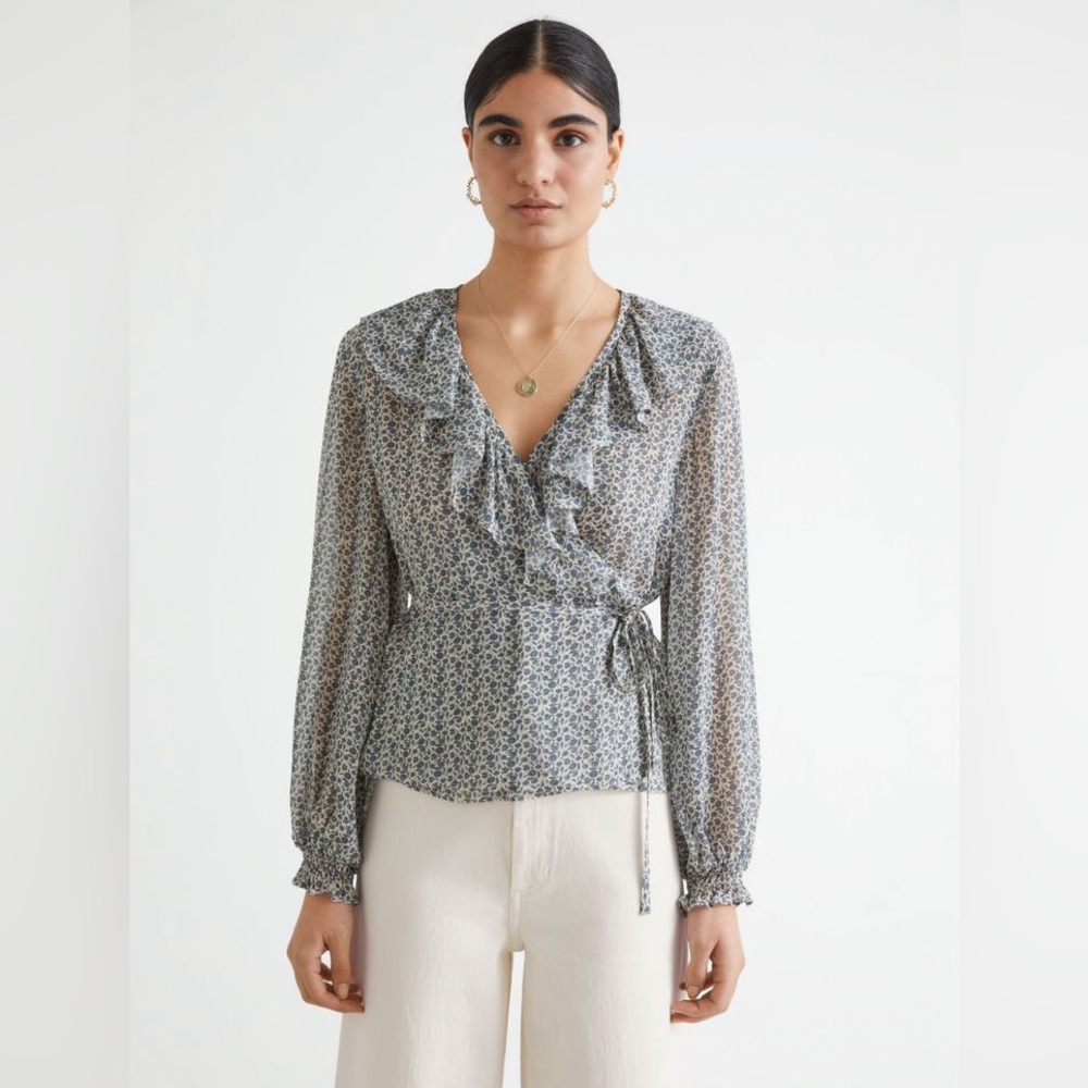 NWT & Other Stories Paris Atelier Ruffle Neck Wrap Top Blue Cream 4